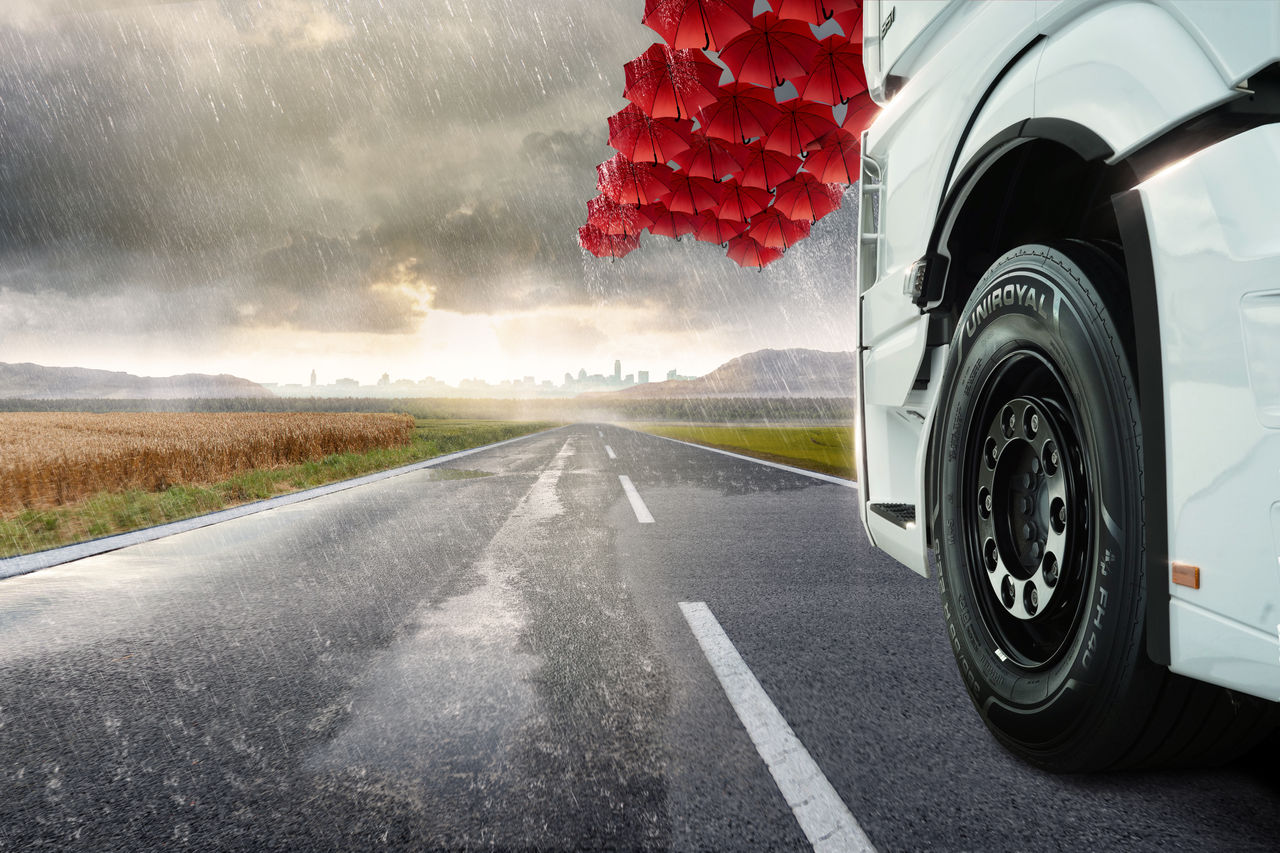 A truck equipped with Uniroyal tyres on a highway