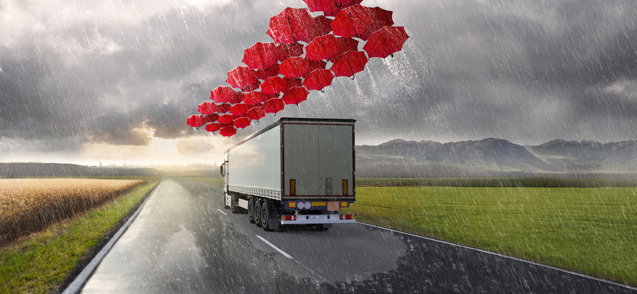 A truck equipped with Uniroyal tyres on a highway